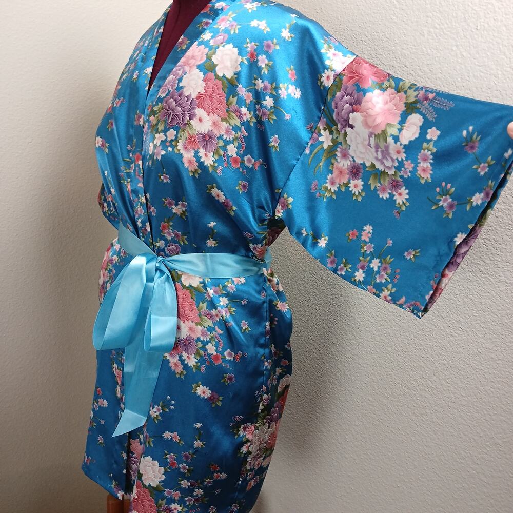 Blue Floral Satin Kimono Robe M short sleeves short mini midi ribbon tie